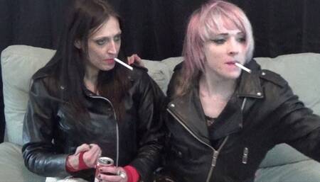 Biker Chicks Dakota and TG Sadie Saturn Smoke Cigarettes in Leather Jackets