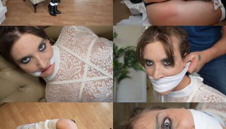 Submissive girl Claire gets bound and double handkerchief gagged in leather and lace