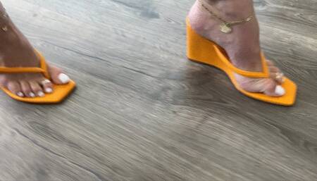 Walking & Dangling In Wedge Thongs With White Toes