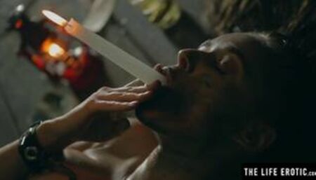 Sexy brunette squirting as she fucks herself with a lit candle