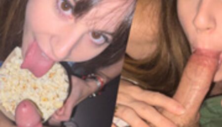 española cachonda me hace una mamada en el cine y me corro en sus palomitas