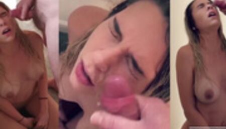 Gorgeous stepdaughter fucked and facialed to orgasm on the landing