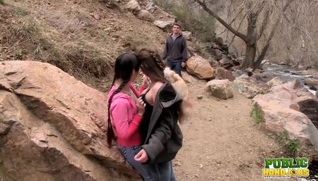 Laura Coryander and Miatsu Kumiko make a new friend in the park - Public Handjobs