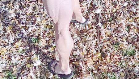 Tempest in flip flops walking in leaves