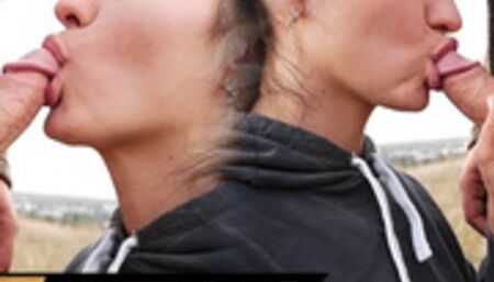 Outdoor blowjob with cum in mouth next to the road. Public cum swallow. 4k