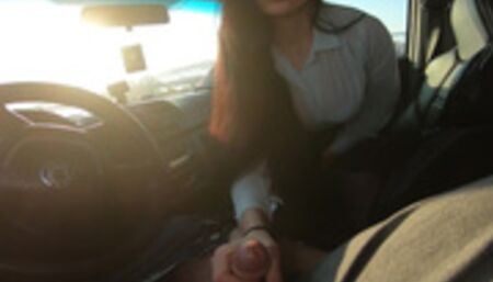 Quick blowjob with swallow in the car near the road