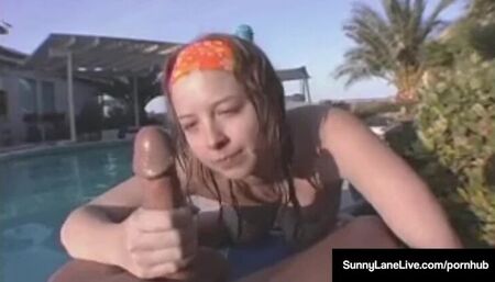 Dirty Blonde Sunny Lane Sucks & Strokes A Cock By Her Pool!