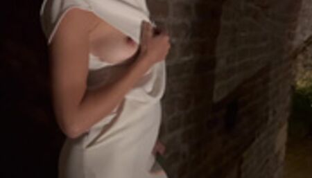 Touching my sexy wifes hard nipples outside of the night club, she is braless in public