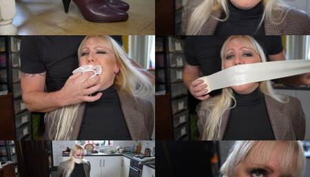 Busy blond mature teacher gets chair bound and microfoam tape gagged after class