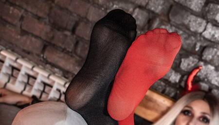 Mistress Foot Teasing At Halloween Night In Black And Red Pantyhose