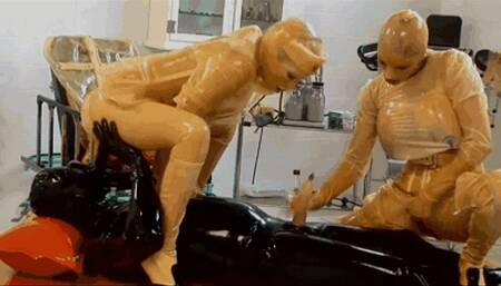 Heavy rubber threesome orgy with two latex nurses and her male patient - Part 2 of 2 - Piss on me and ride my dildo head