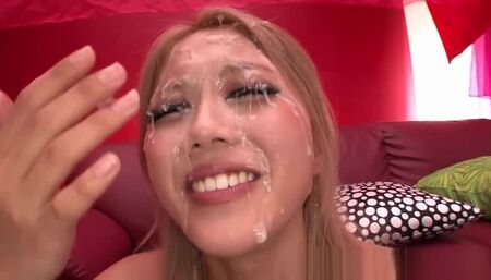 Arisa Takimoto hot Asian blonde in bukkake porn scene