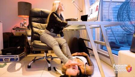 A new day with my foot bitch #6 The bitch licks my bare feet in the office ( Lesbian Foot Domination with Goddess Sheila ) - 4K UHD MP4