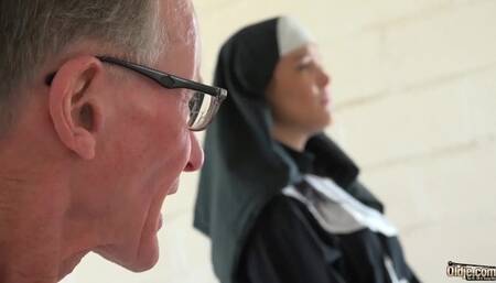 Horny teen nun strips and fucks an old man in the confessional