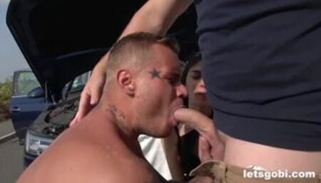 Voyeur Helps Bi Couple Repair the Car