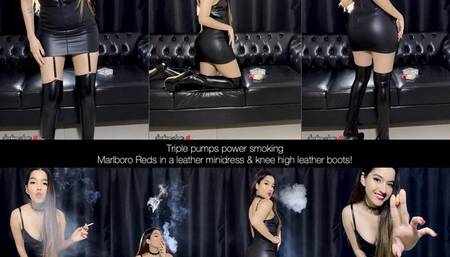 Triple pumps power smoking marlboro reds in a tight leather minidress and leather knee high boots!