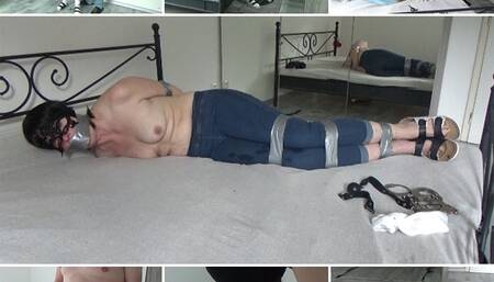 Slave wife in slippers, full video (parts: 'Latex gloves handjob' and 'Tape bondage')