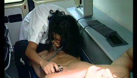 Slutty nurse in sexy white uniform fixes a broken cock in the ambulance van