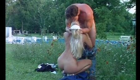 Lewd gardener proposes a blonde maid little fucking in the green grass