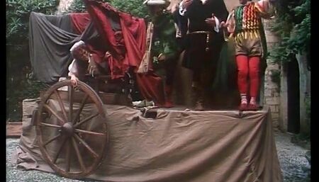 Excellent blonde princess blows king's cock on the wall in the castle