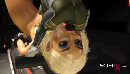 Hot sex with alien. A sexy blonde has crazy fuck with a green alien in a spaceship