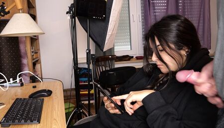 He just jerks off and cums on my face, facial while she works on the pc