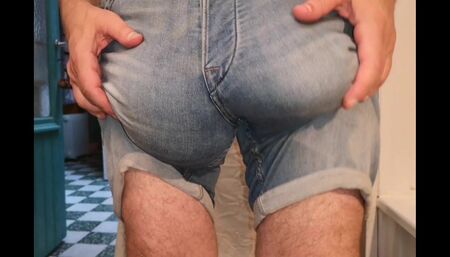 Jeans shorts bulging freeballing
