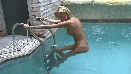 Blonde tgirl pornstar Renata Davila masturbating, dildo insertions and cum on belly