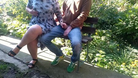 Horny mother-in-law licks cum from fingers after handjob to son-in-law outdoors