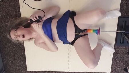 Essex Girl Lisa multiple anal orgasms from Rainbow dildo on the fucking machine