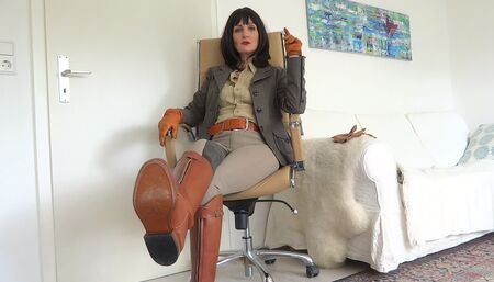 Riding mistress nipple play and cum on boots