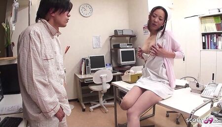 Doctor fucks Japan skinny nurse teen with hairy pussy