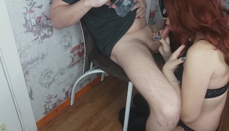 Redhead beauty in latex leather stockings gives blowjob and creampie in pussy